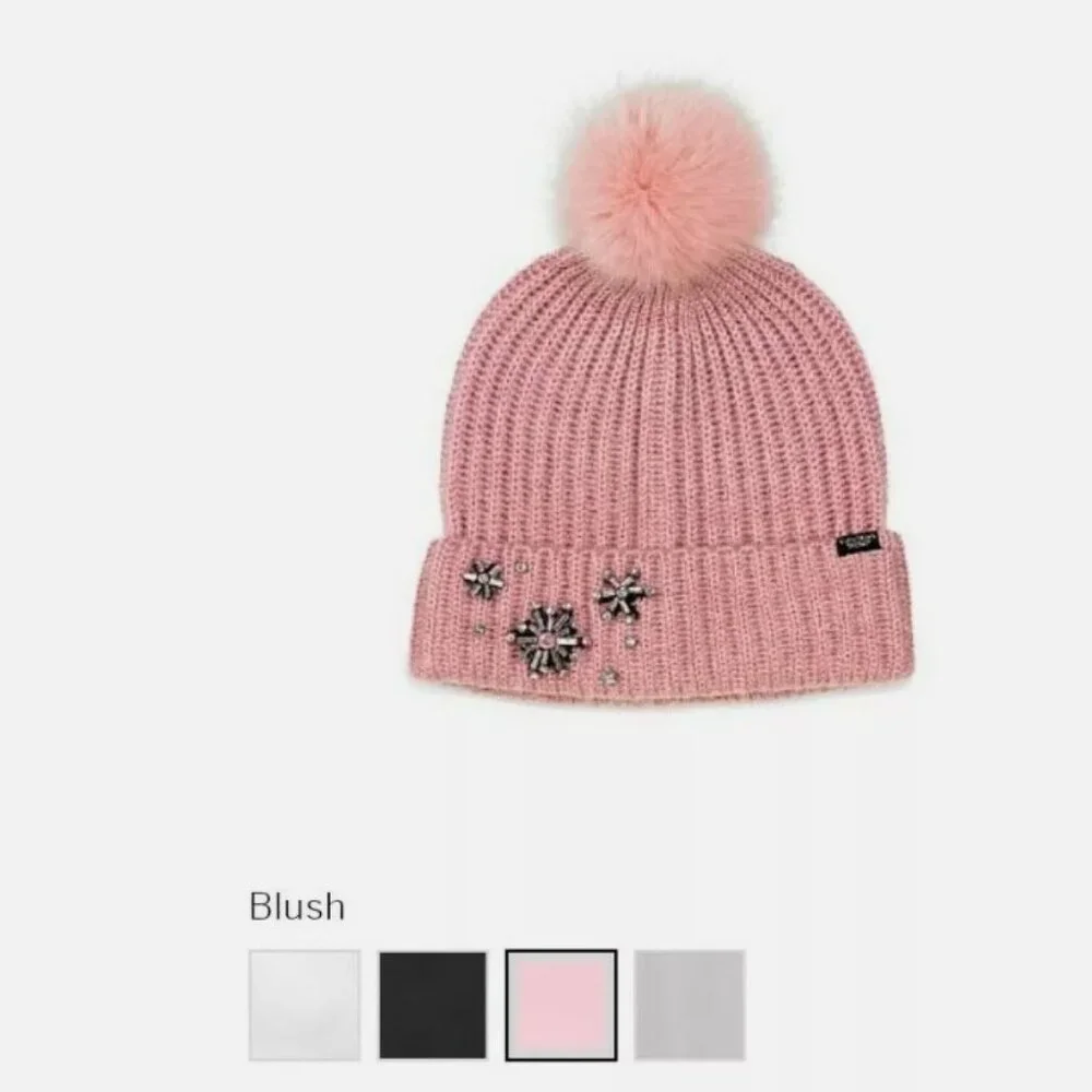 New Victoria's Secret Hat Snowflake Sparkle Pom Jewels Beanie Blush Pink NWT